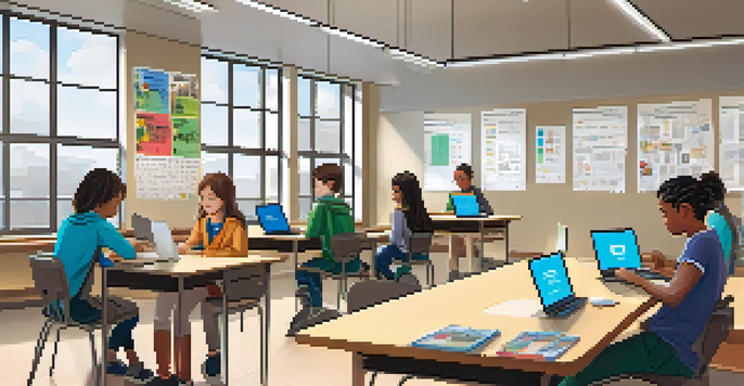 A bright classroom filled with students using laptops for online testing, featuring educational posters and a whiteboard.
