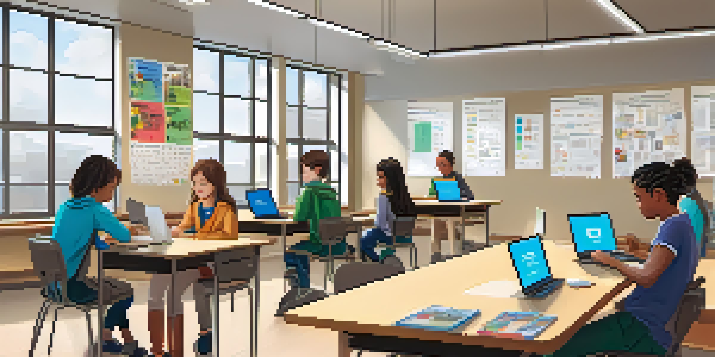 A bright classroom filled with students using laptops for online testing, featuring educational posters and a whiteboard.