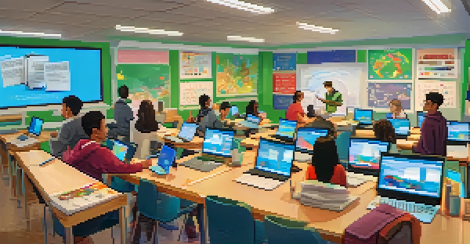An online classroom with diverse students actively participating in a quiz, with colorful educational posters in the background.