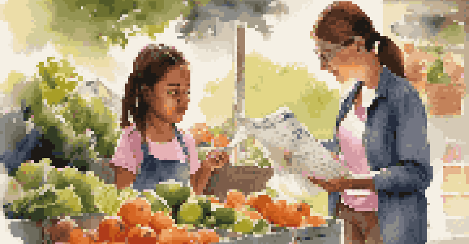 A mother and daughter discussing budgeting while grocery shopping, surrounded by fresh produce in an outdoor market.