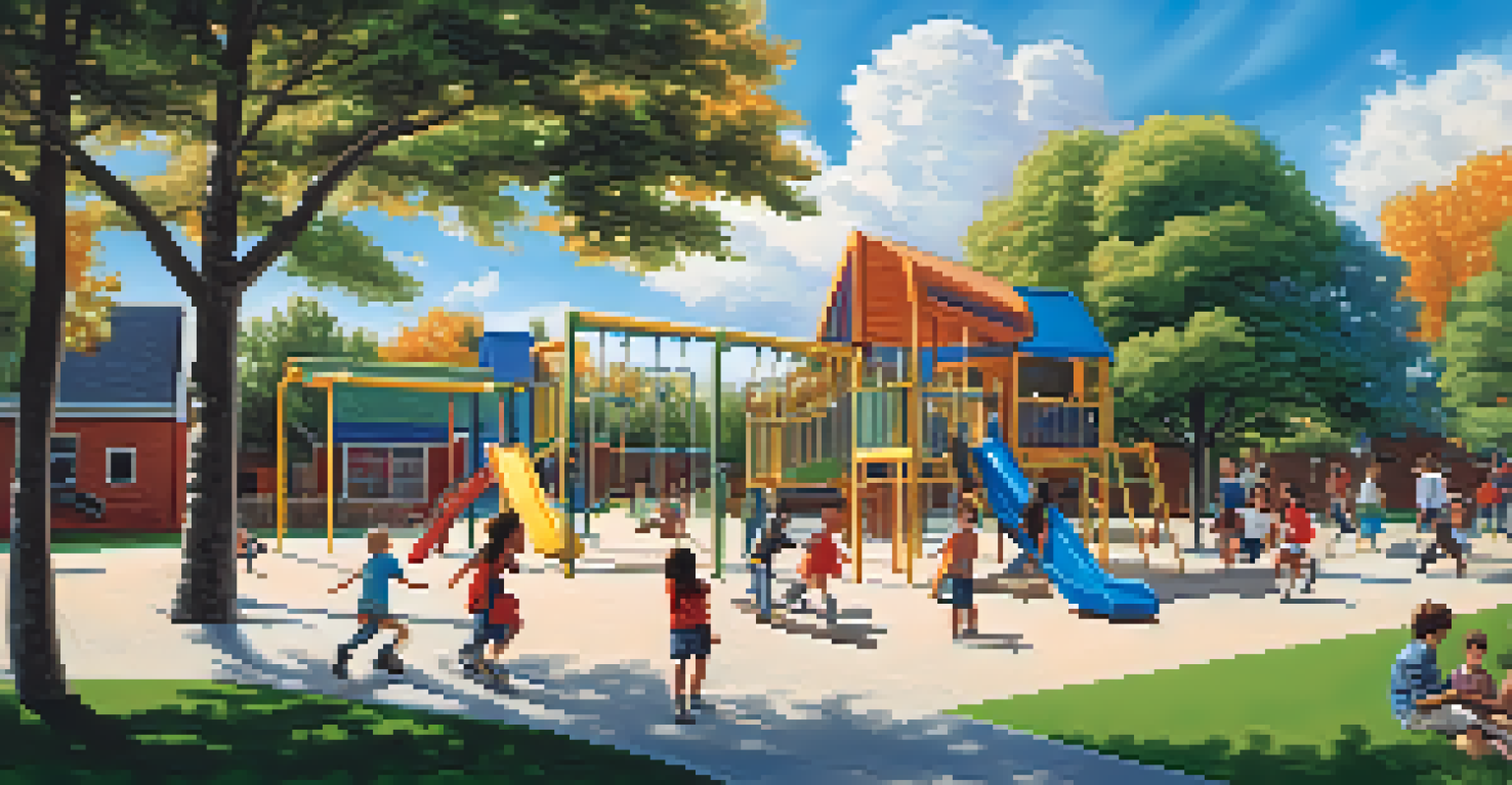 Children of various backgrounds playing joyfully together on a colorful school playground with swings and trees.