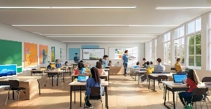 A classroom with students using laptops and tablets, interacting with a teacher, and displaying a large screen with educational content.