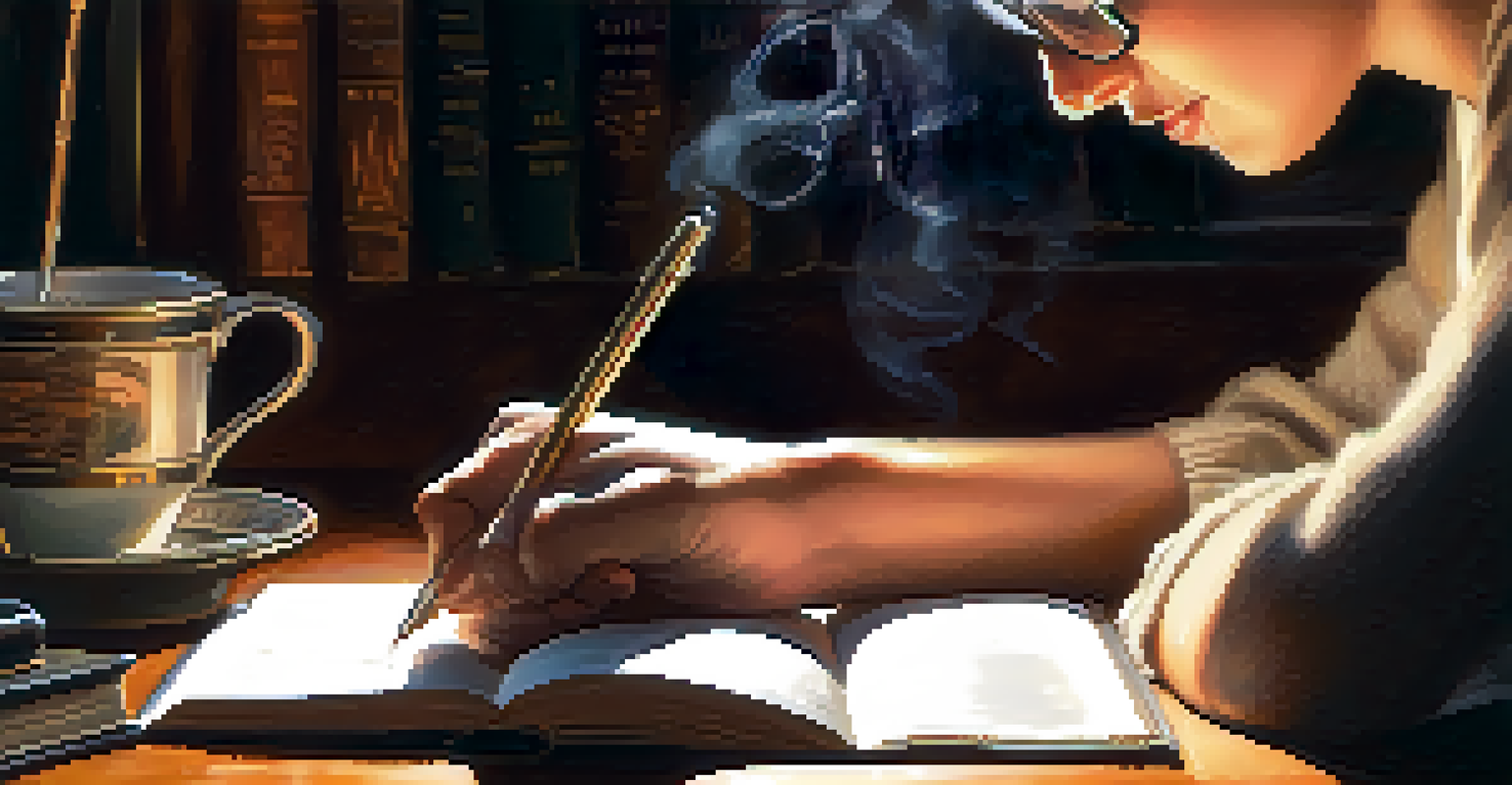 A close-up of hands writing in a journal with open books and a cup of coffee nearby, illuminated by a warm desk lamp.