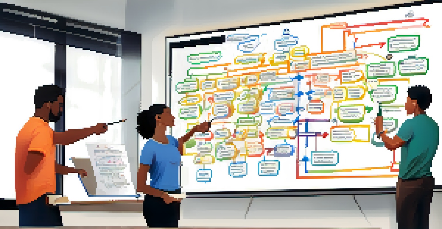 A close-up of a colorful flowchart on a whiteboard with students discussing it and taking notes.