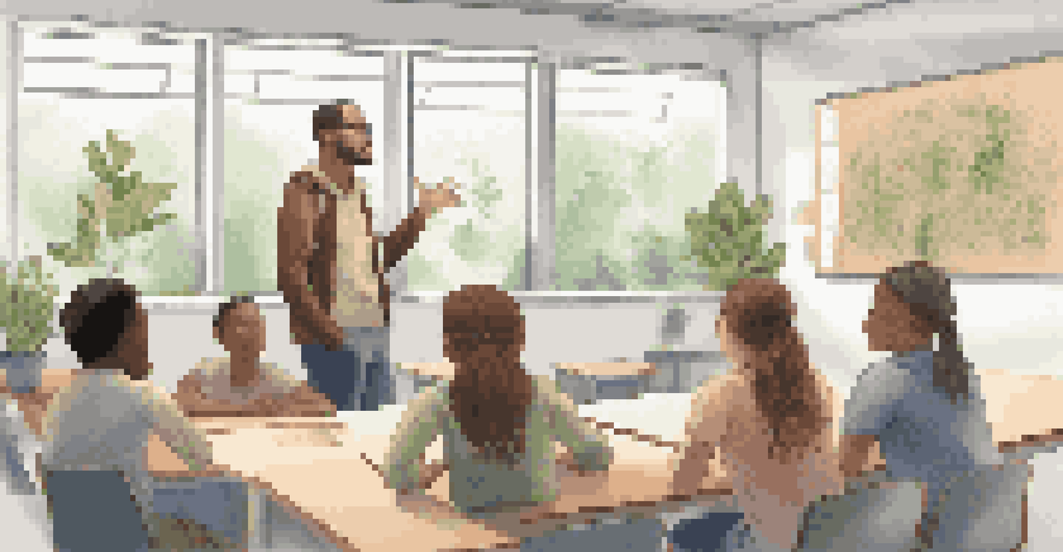 A teacher leading a discussion with students seated in a circle, surrounded by educational materials in a modern classroom.