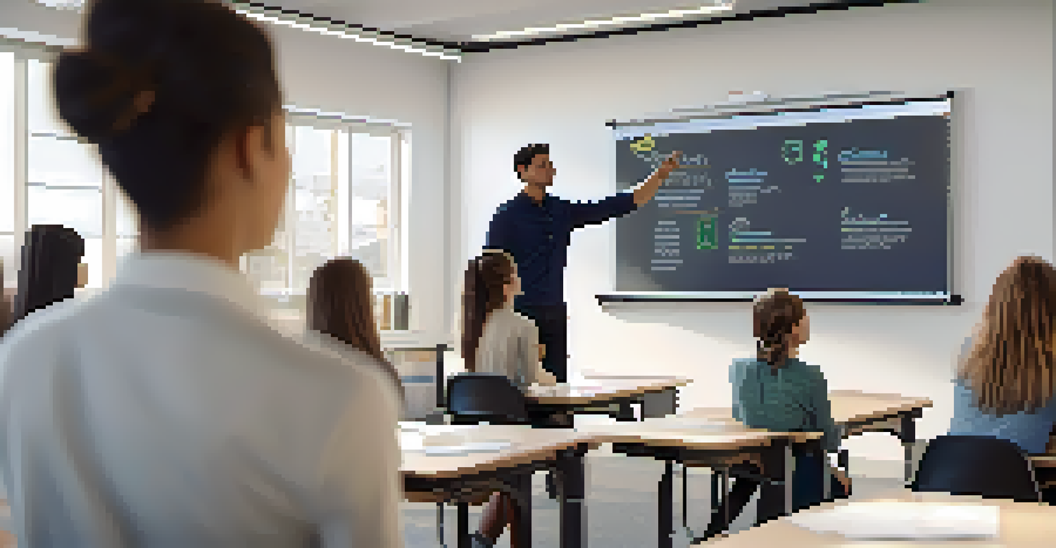 An instructor facilitating a discussion with students in a bright classroom, using a digital whiteboard.