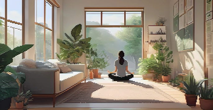 A student sitting cross-legged on a yoga mat in a softly lit study space, practicing mindfulness meditation, surrounded by plants and an open notebook.