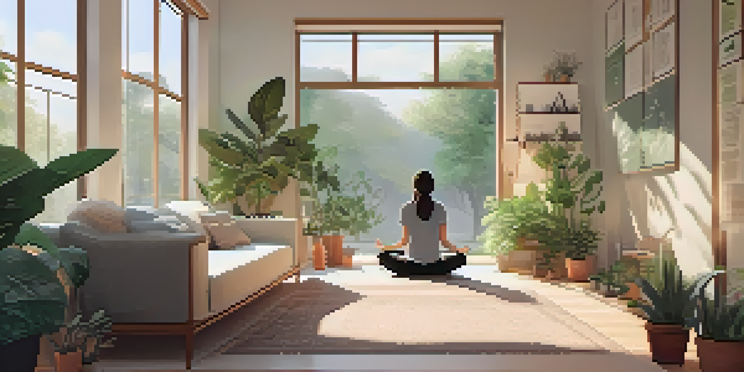 A student sitting cross-legged on a yoga mat in a softly lit study space, practicing mindfulness meditation, surrounded by plants and an open notebook.