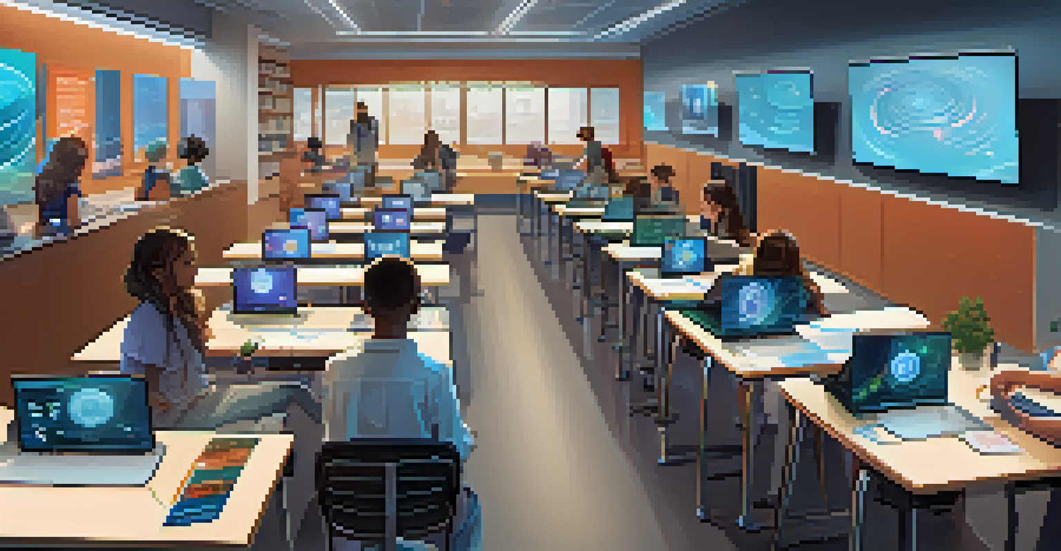 A modern classroom with students learning asynchronously, utilizing holographic content and a virtual tutor, showcasing an innovative educational environment.