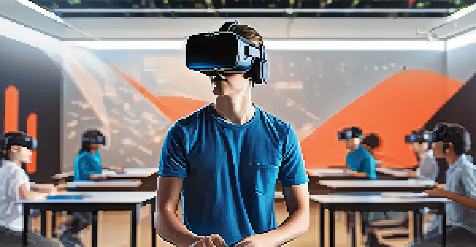 A student wearing a VR headset in a futuristic classroom, practicing a skill with holographic feedback displayed around them.