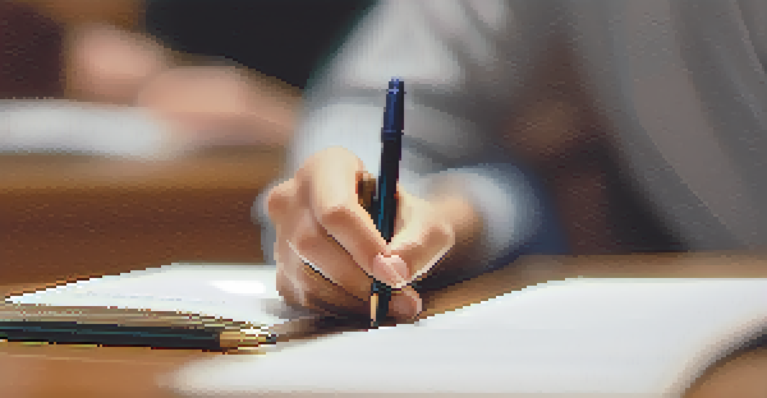 A close-up of a teacher's hands writing notes in a notepad during a mentoring session, with a cup of coffee in the background.