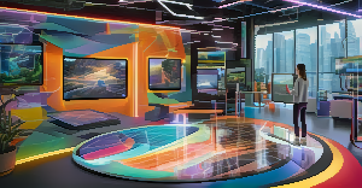 A student immersed in augmented reality technology, exploring a 3D learning environment filled with digital elements and vibrant colors.