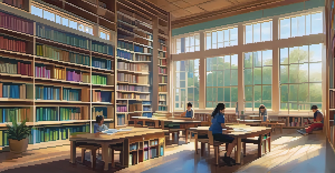 A bright library with colorful infographics on learning pathways, students reading and studying, and sunlight filtering through large windows.