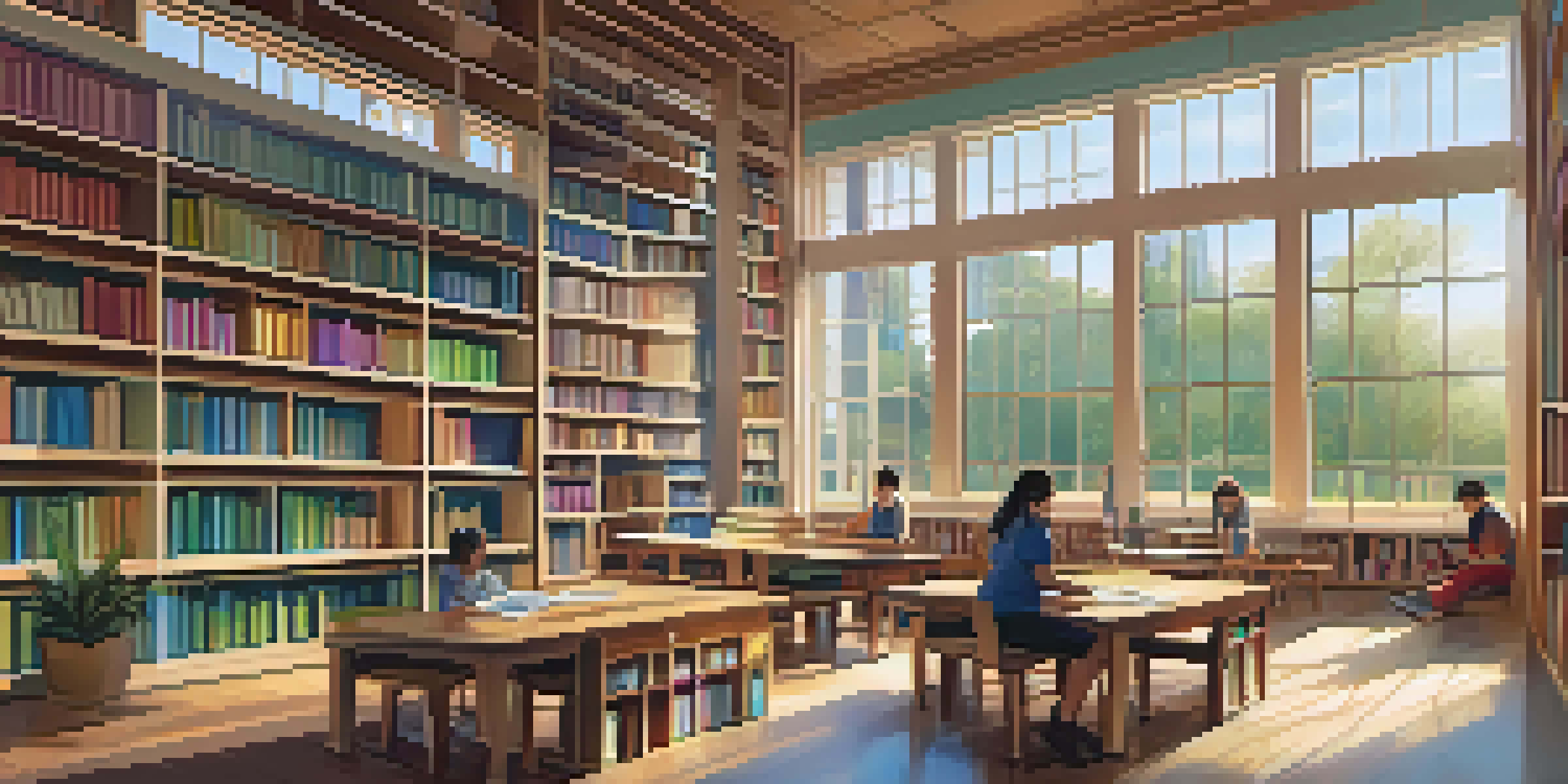 A bright library with colorful infographics on learning pathways, students reading and studying, and sunlight filtering through large windows.