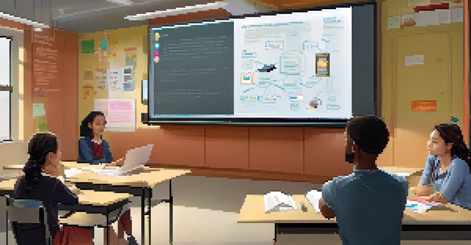 Students participating in a peer-teaching session in a modern classroom with a digital screen and teamwork posters on the walls.
