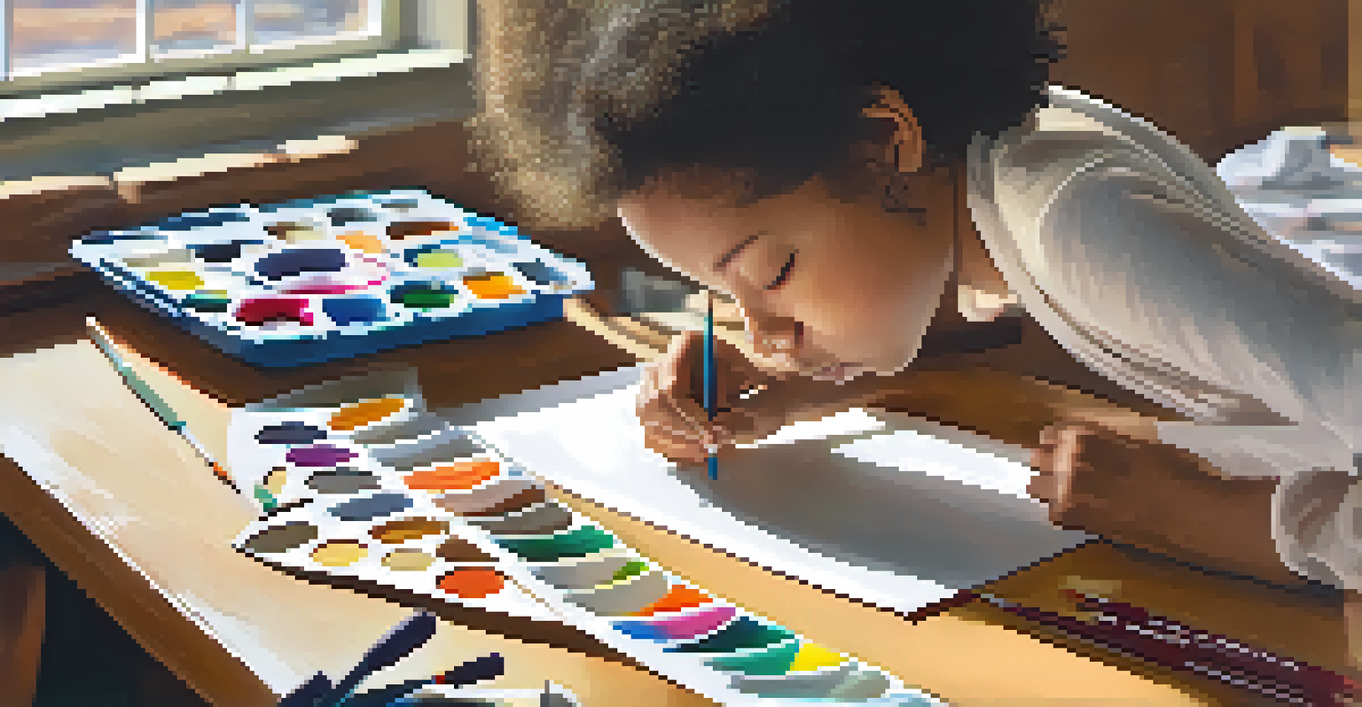 A student engaged in a hands-on project assessment, surrounded by art supplies and illuminated by natural light.