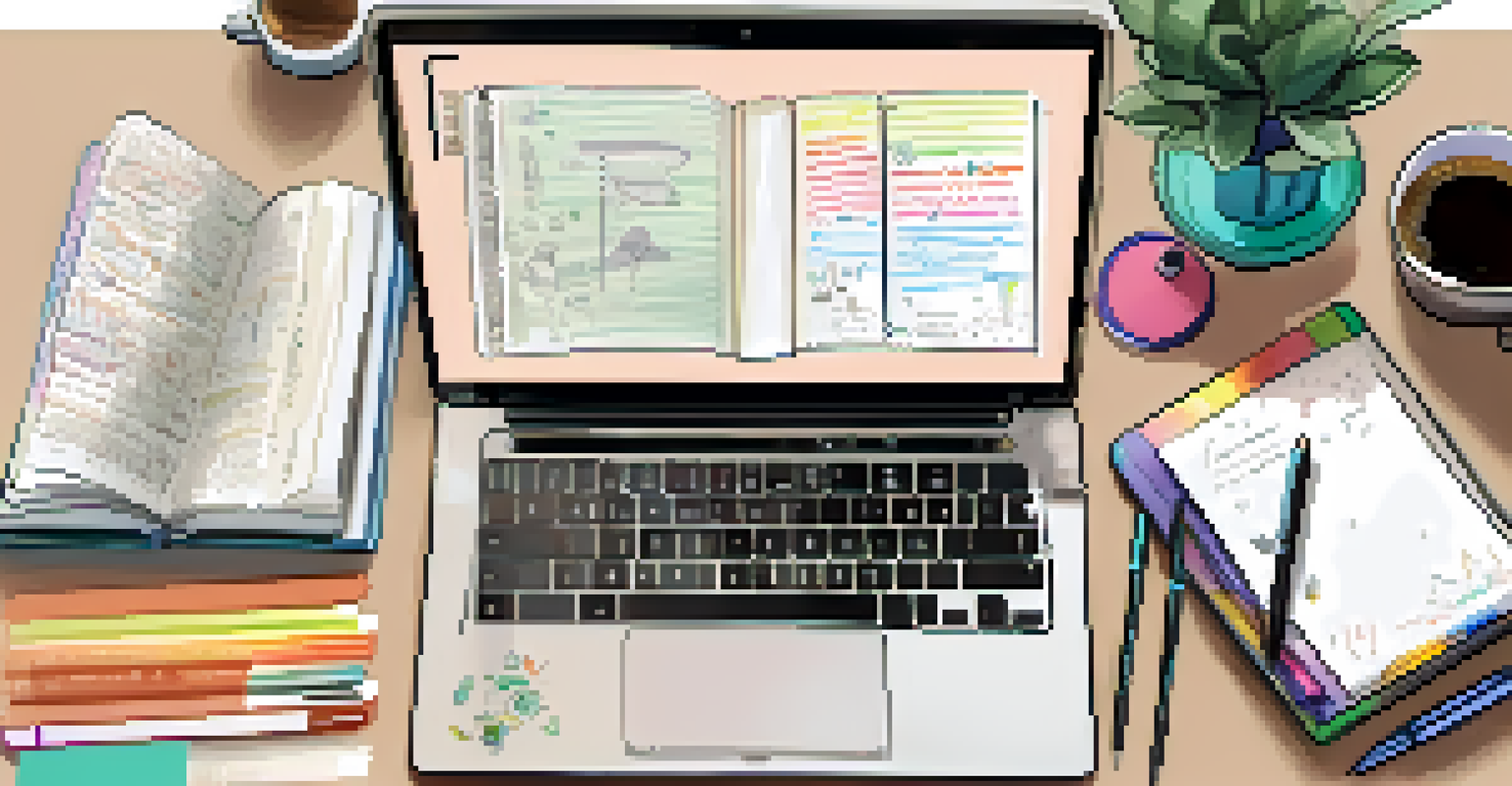 An overhead view of a digital journaling workspace featuring a laptop, colorful digital journal, and vibrant notebook on a minimalist desk.