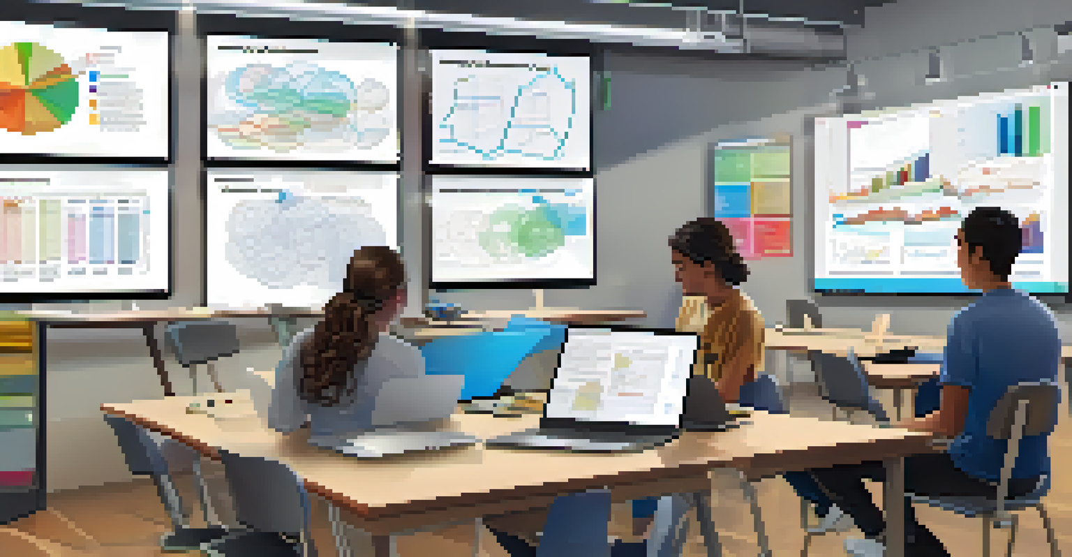 Students collaborating in a modern workspace, using laptops and tablets for research, with charts on the walls.