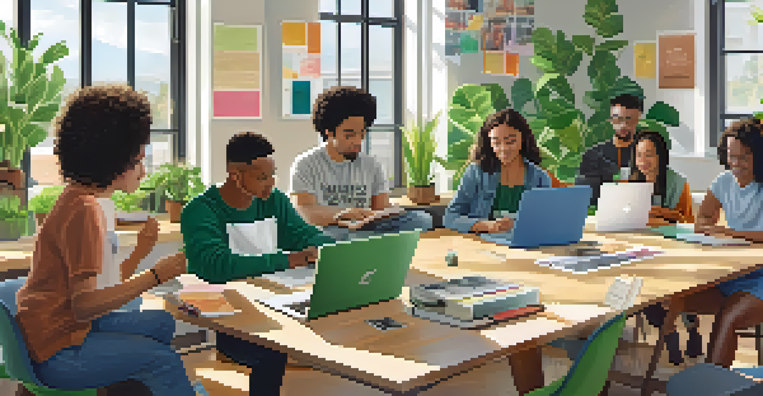 A diverse group of people working together at a table, using laptops and notebooks in a bright, modern workspace.