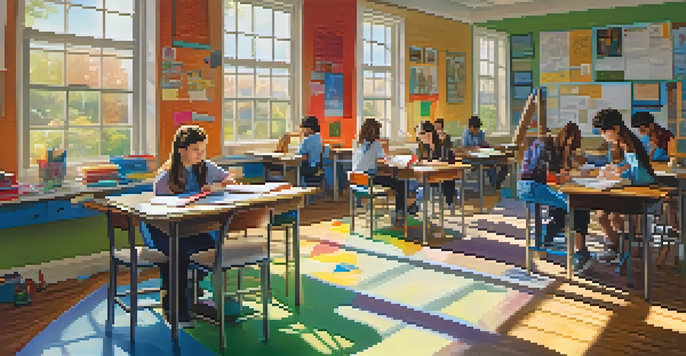 A lively classroom where students are working together on a project, surrounded by educational materials from various subjects.
