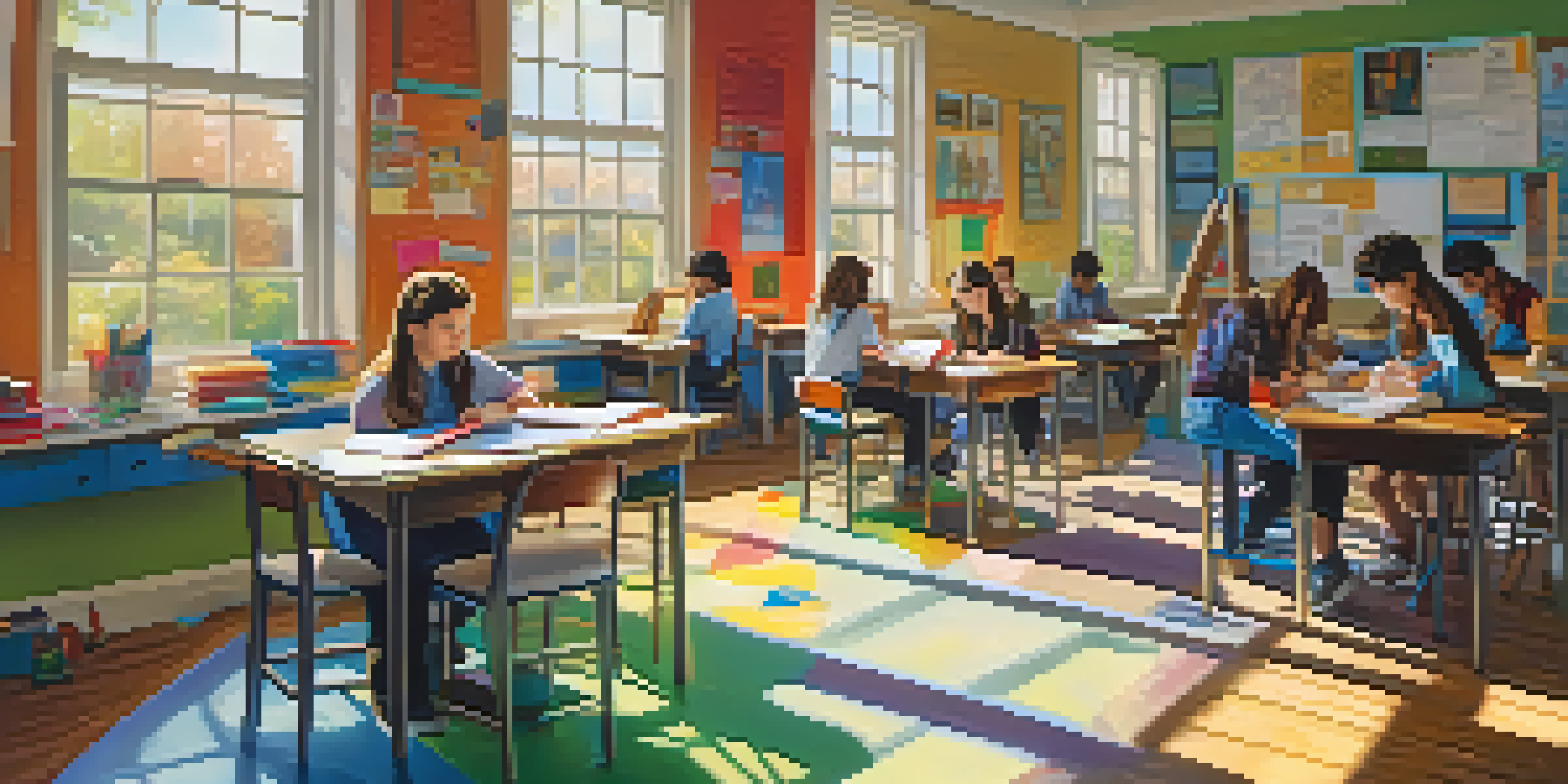 A lively classroom where students are working together on a project, surrounded by educational materials from various subjects.