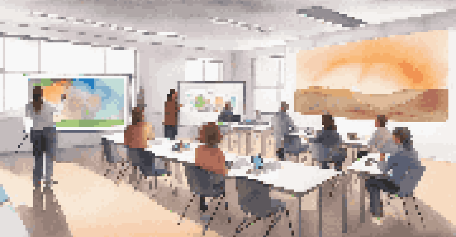 Educators in a workshop setting collaborating with augmented reality tools to teach emotional intelligence, with digital screens and tablets.