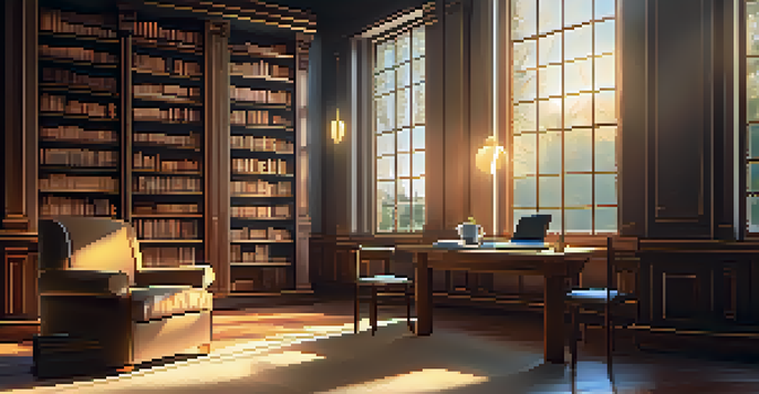A cozy library with wooden shelves of books, a sunlit window, an armchair, a cup of coffee, and a notepad, creating a warm atmosphere for learning.