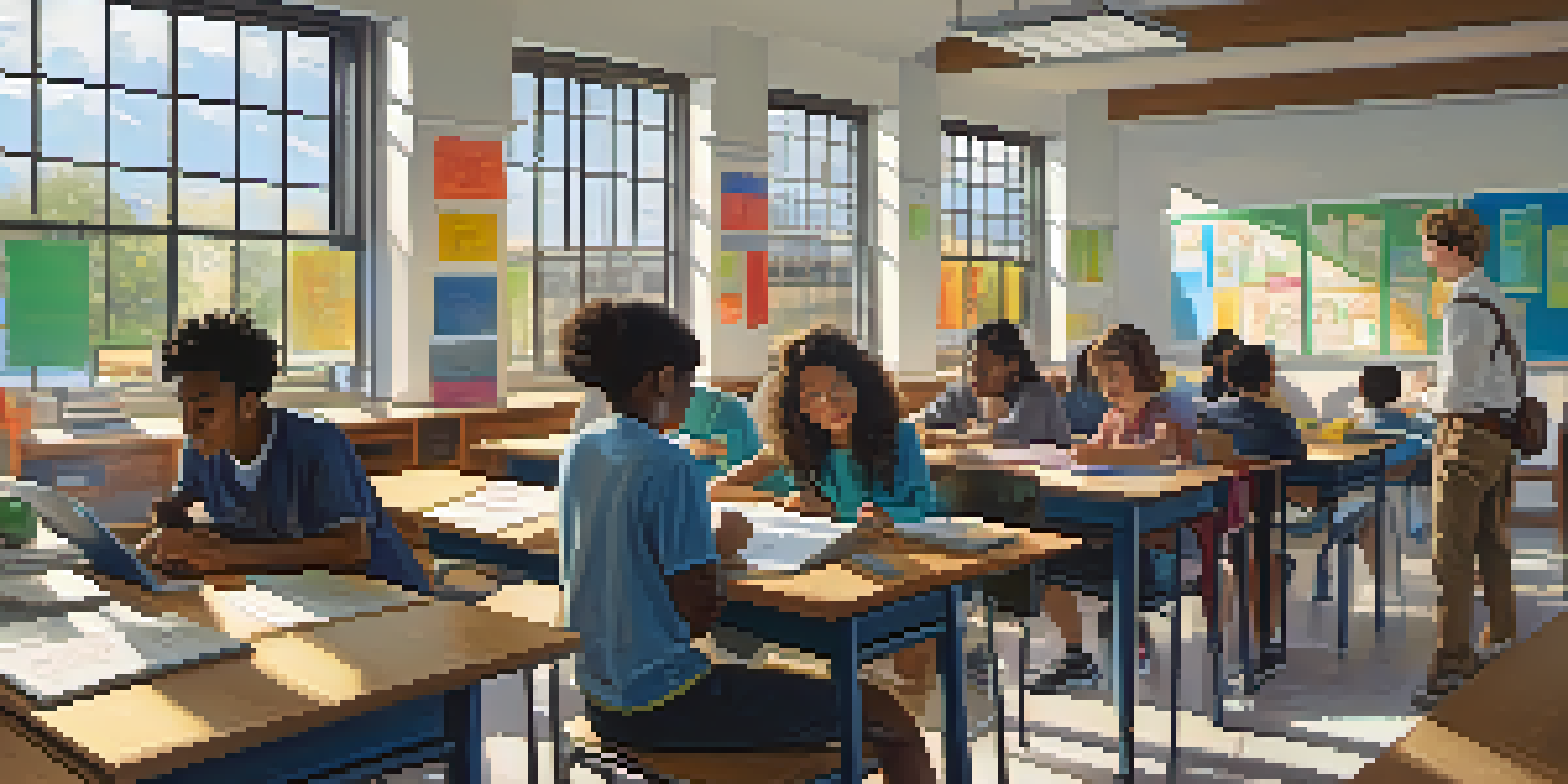 A lively classroom with diverse students actively engaged in learning, bright sunlight coming through windows.
