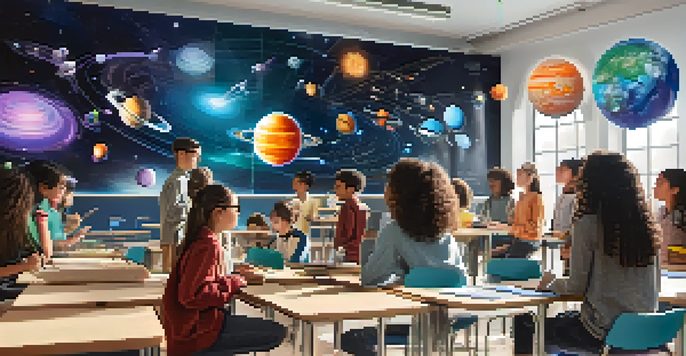 A classroom where students are engaging with augmented reality technology, visualizing planets from the solar system in a dynamic environment.