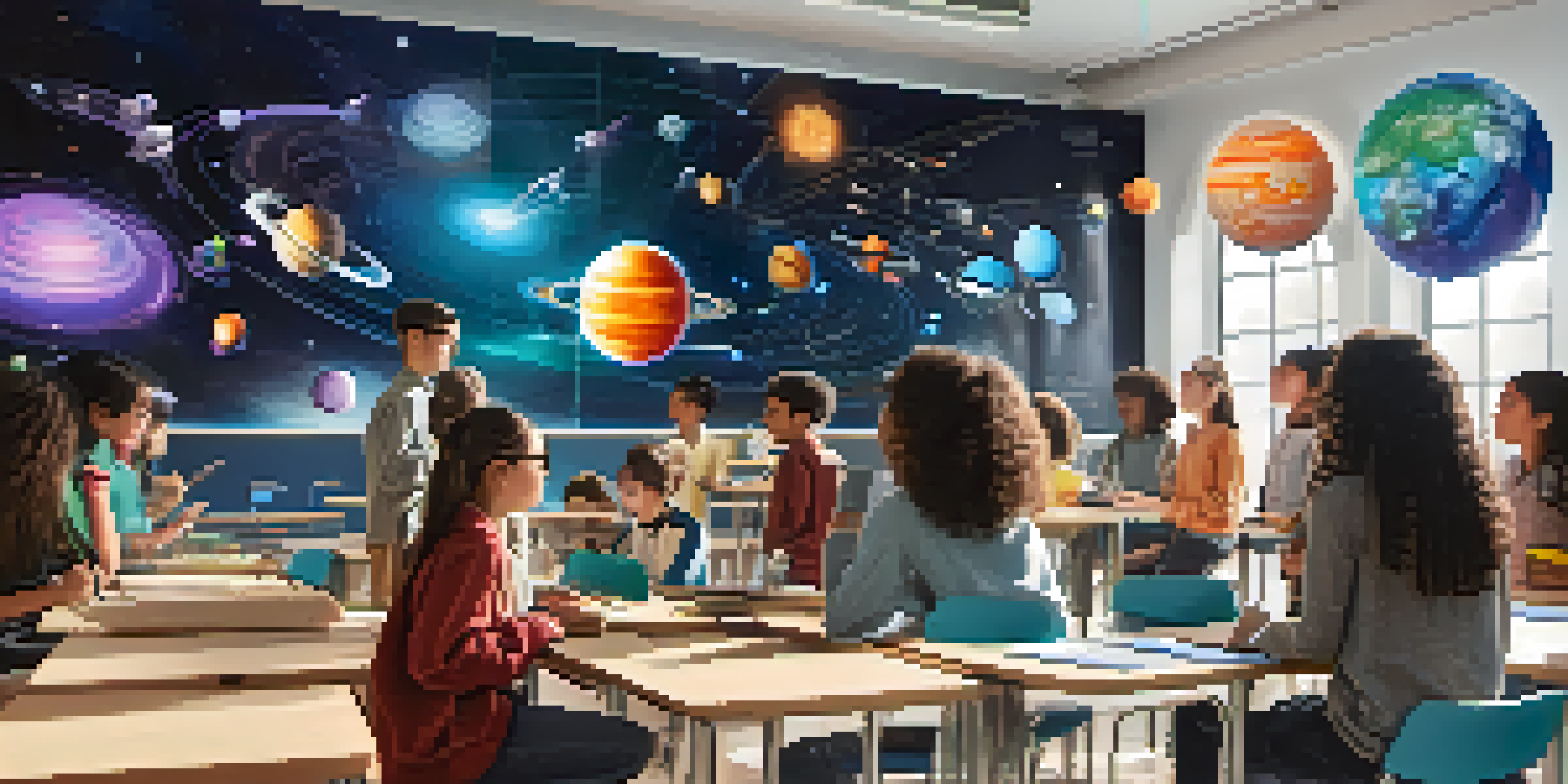 A classroom where students are engaging with augmented reality technology, visualizing planets from the solar system in a dynamic environment.