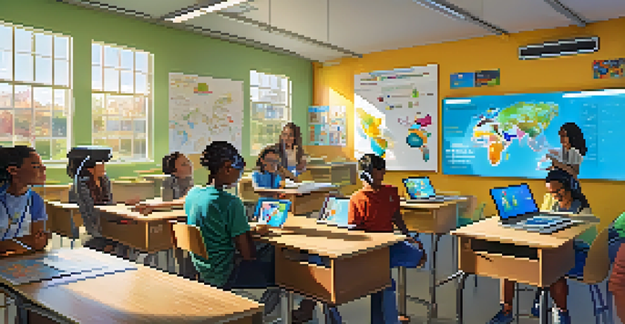 A lively classroom filled with students using technology such as tablets and VR headsets, collaborating in small groups under bright natural lighting.