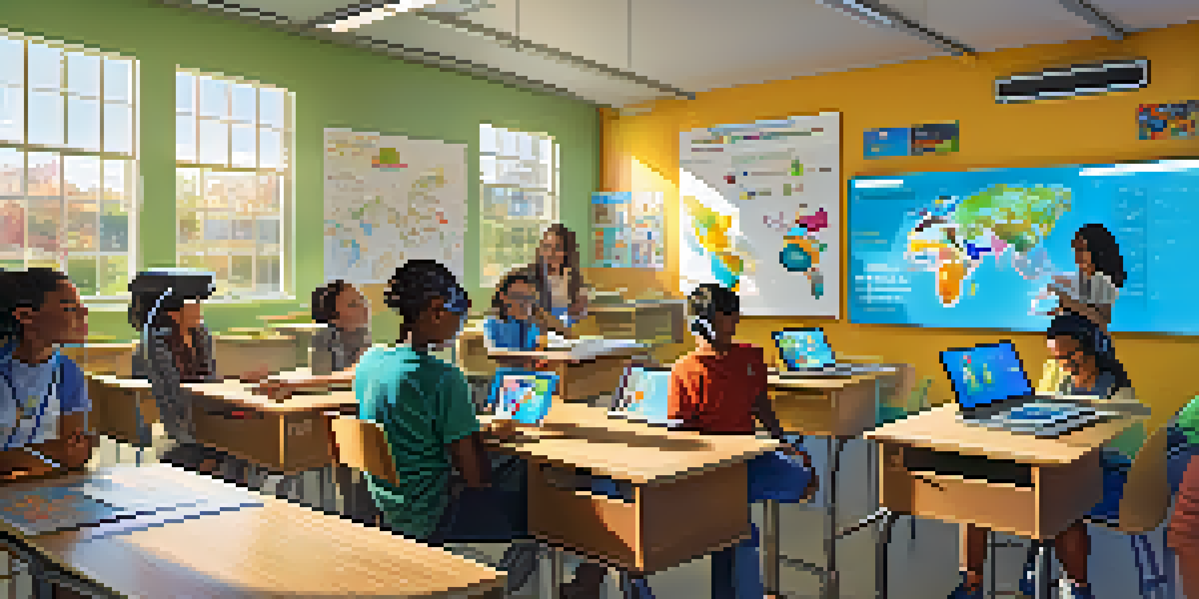 A lively classroom filled with students using technology such as tablets and VR headsets, collaborating in small groups under bright natural lighting.