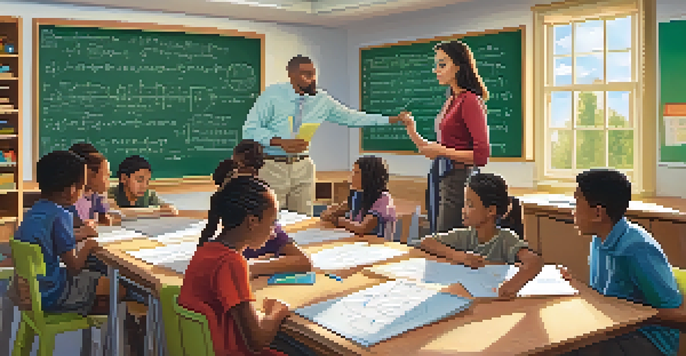 A classroom with a teacher guiding students around a table with math problems, colorful posters on the walls, and natural light coming through the windows.