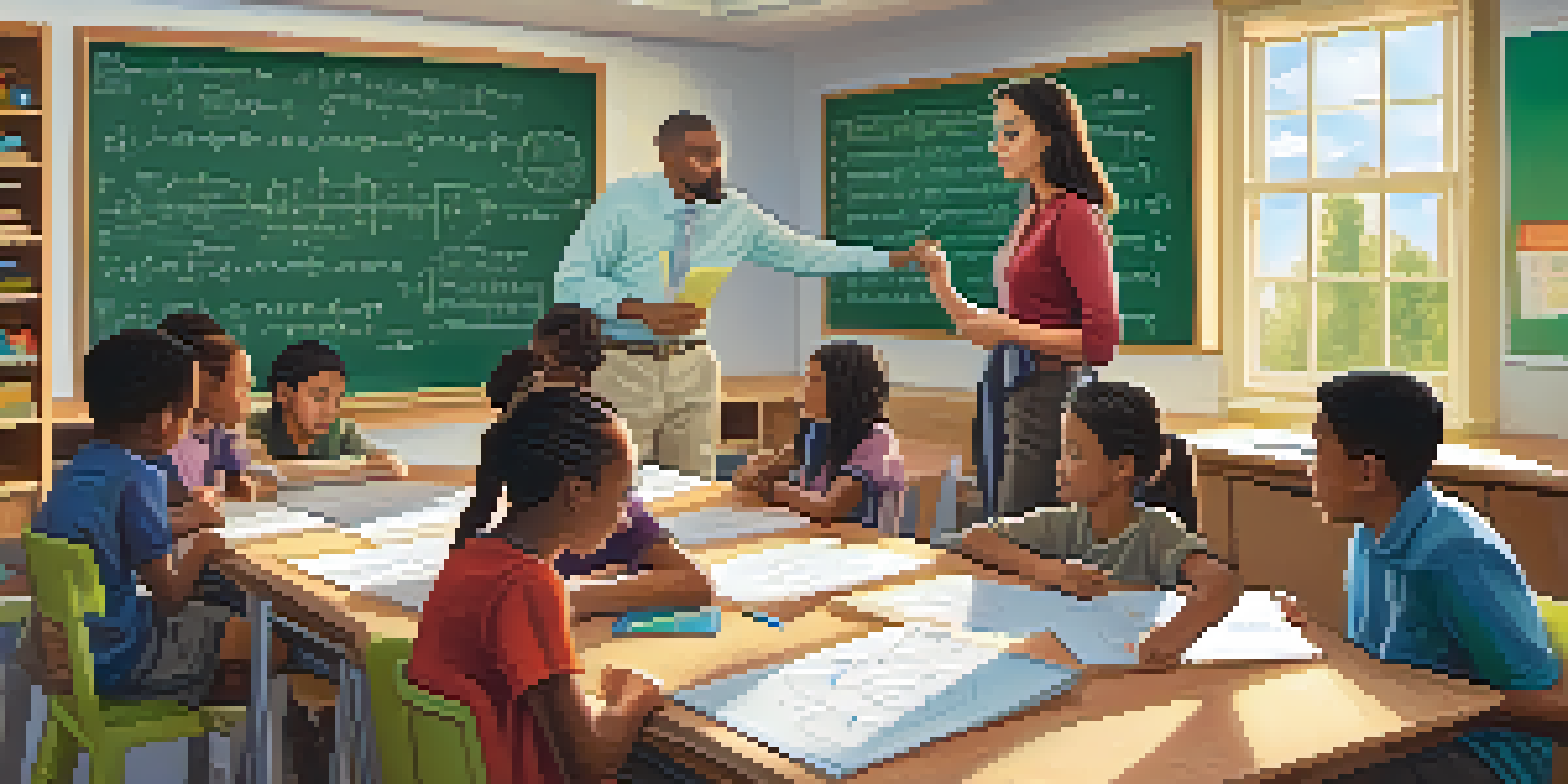 A classroom with a teacher guiding students around a table with math problems, colorful posters on the walls, and natural light coming through the windows.