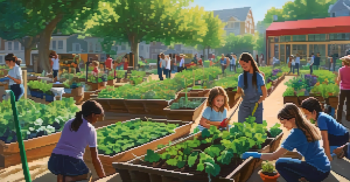 Students actively participating in a community garden, planting vegetables and flowers under the warm sunlight.
