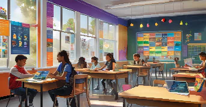 A lively classroom where students are participating in gamified learning, with colorful decorations and a digital leaderboard.