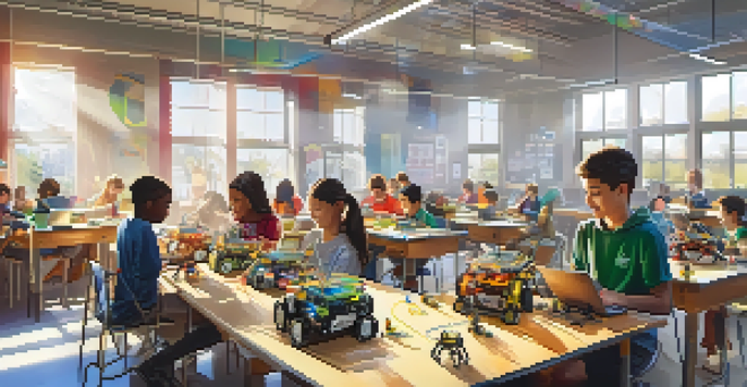 A diverse group of students in a bright classroom, working together on a robotics project with various materials and laptops.