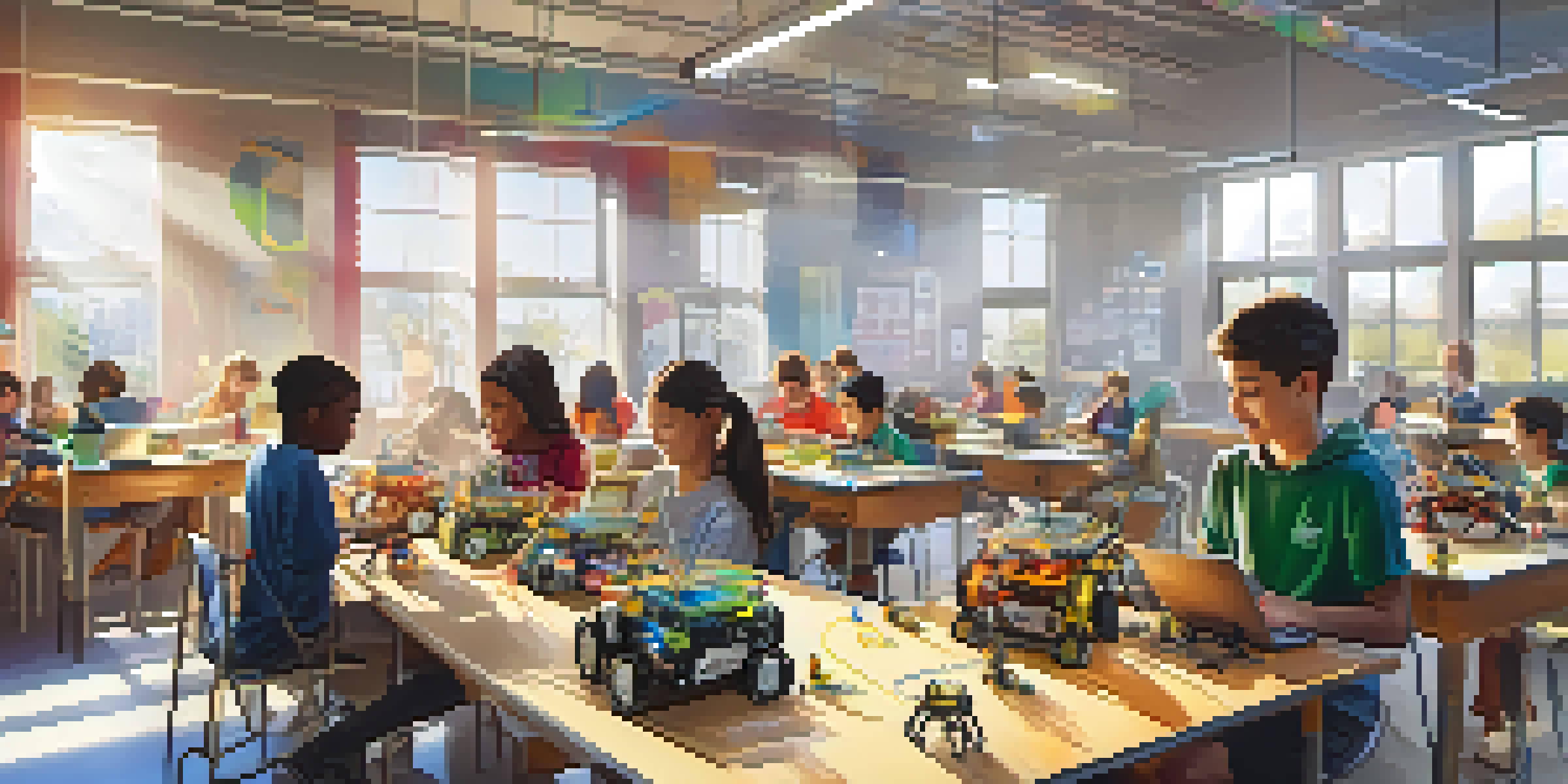 A diverse group of students in a bright classroom, working together on a robotics project with various materials and laptops.