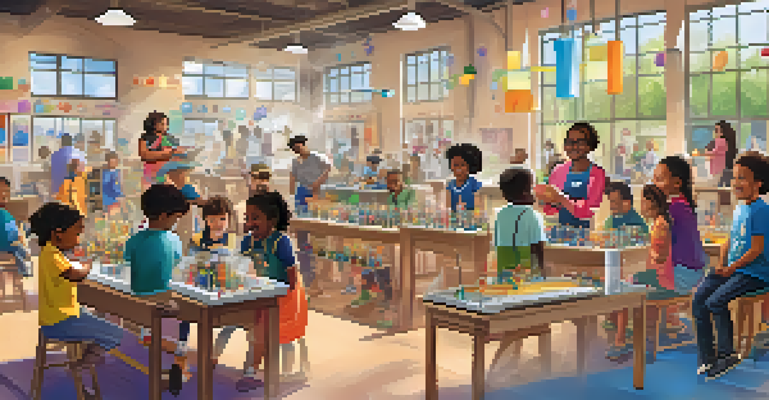 Families and community members engaging in a hands-on STEAM workshop at a community center, with children and adults collaborating on projects.