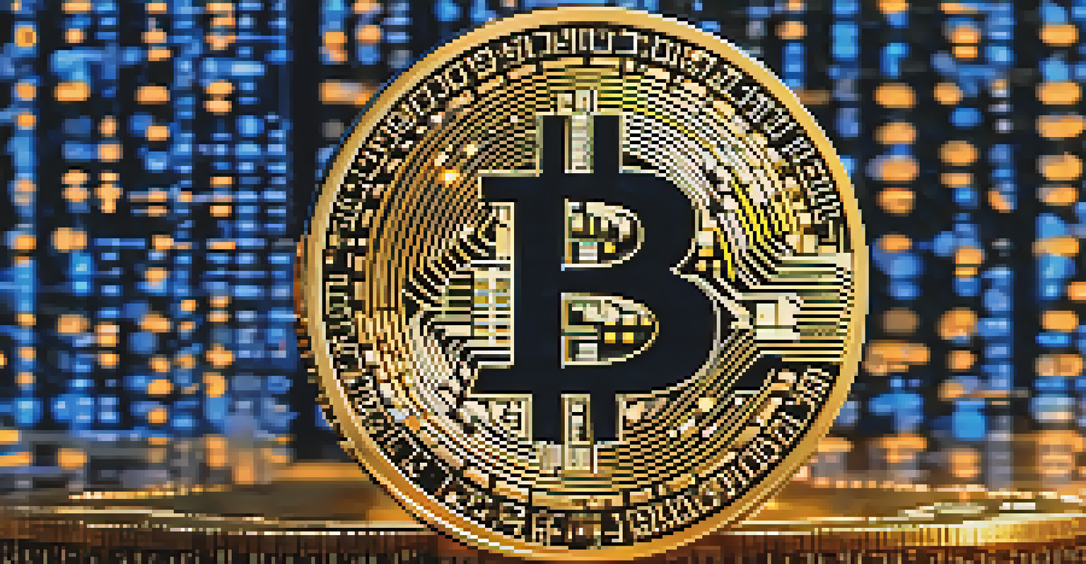A detailed Bitcoin coin on a glowing binary code background.
