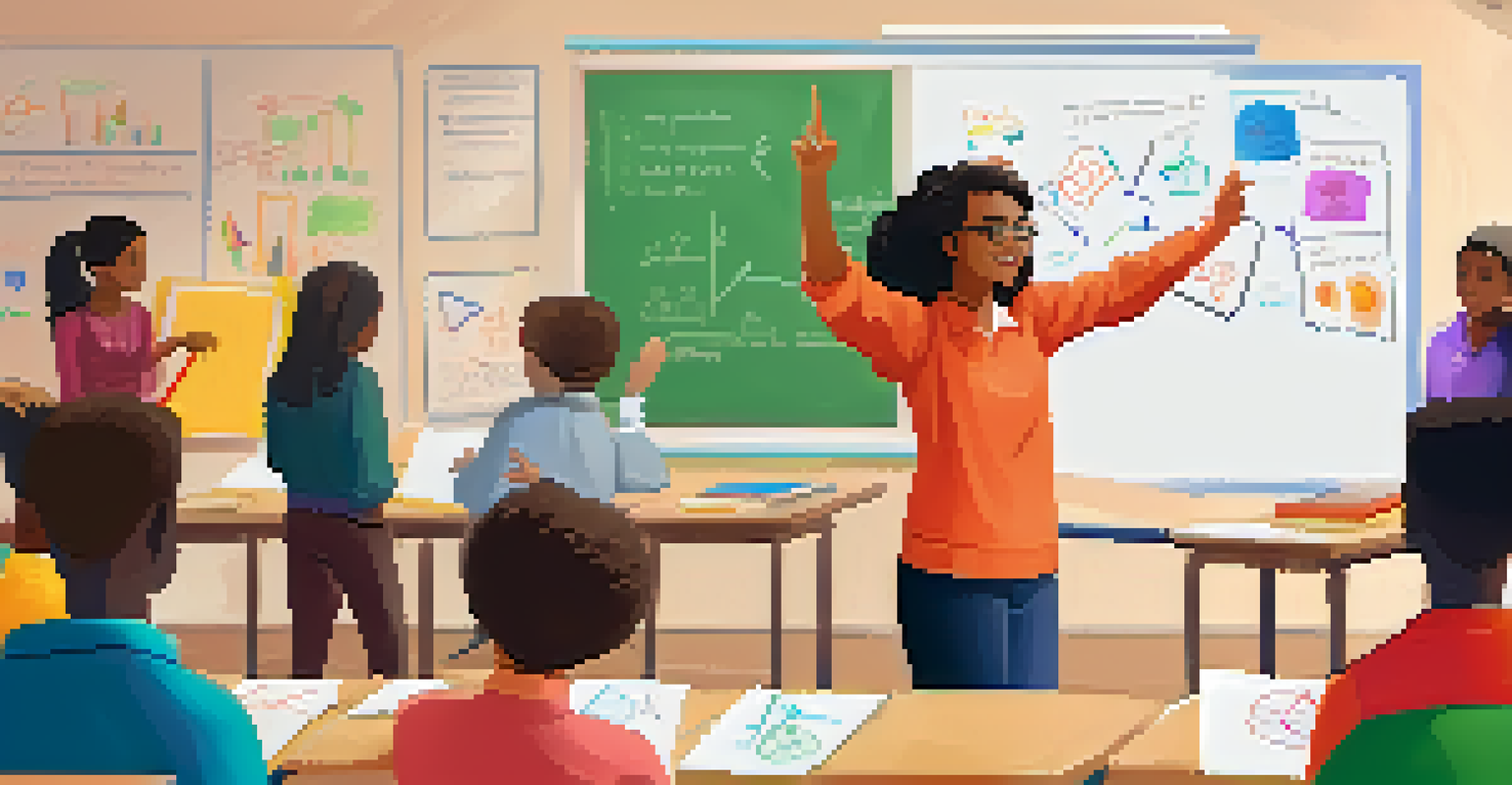 A teacher facilitating a Project-Based Learning session, with students actively participating and a whiteboard filled with colorful diagrams in a well-lit classroom.