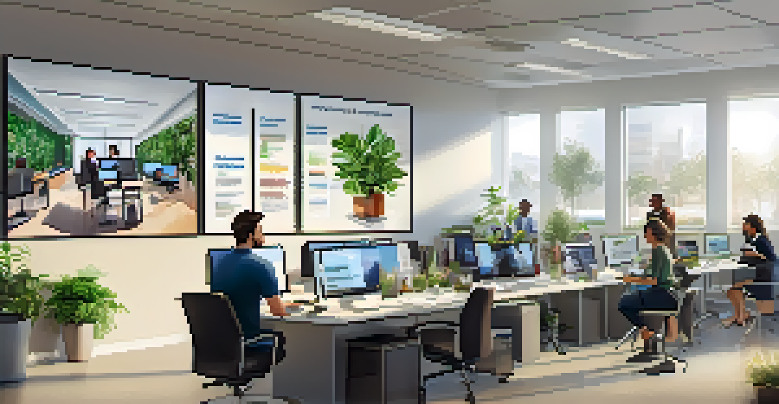 Employees in a modern office participating in an online training session, focused on their laptops and large screens.