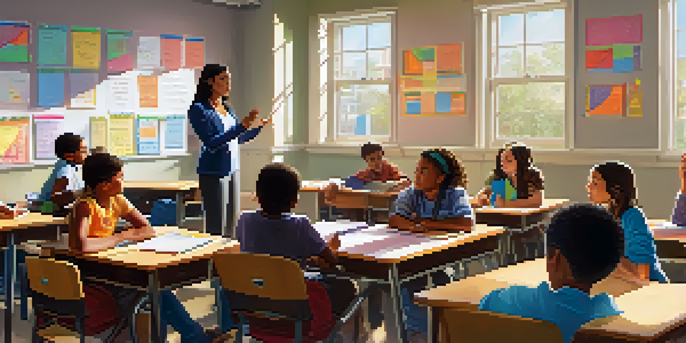 A classroom with a teacher instructing students on a math problem, sunlight illuminating the space, and colorful decorations visible.