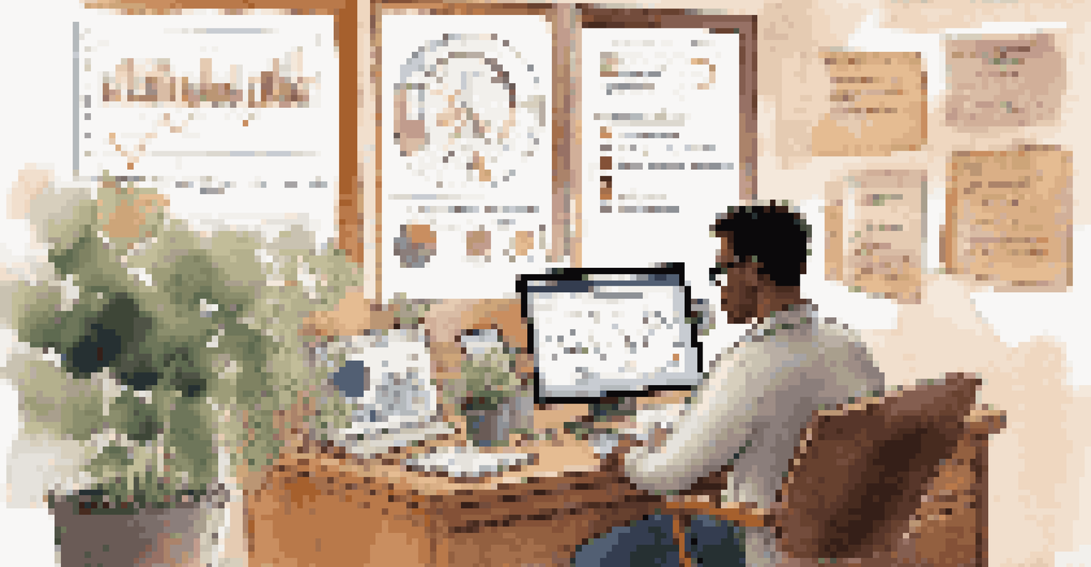 An educator in a cozy office analyzing student feedback data on a computer, surrounded by charts and notes, with a cup of coffee nearby.