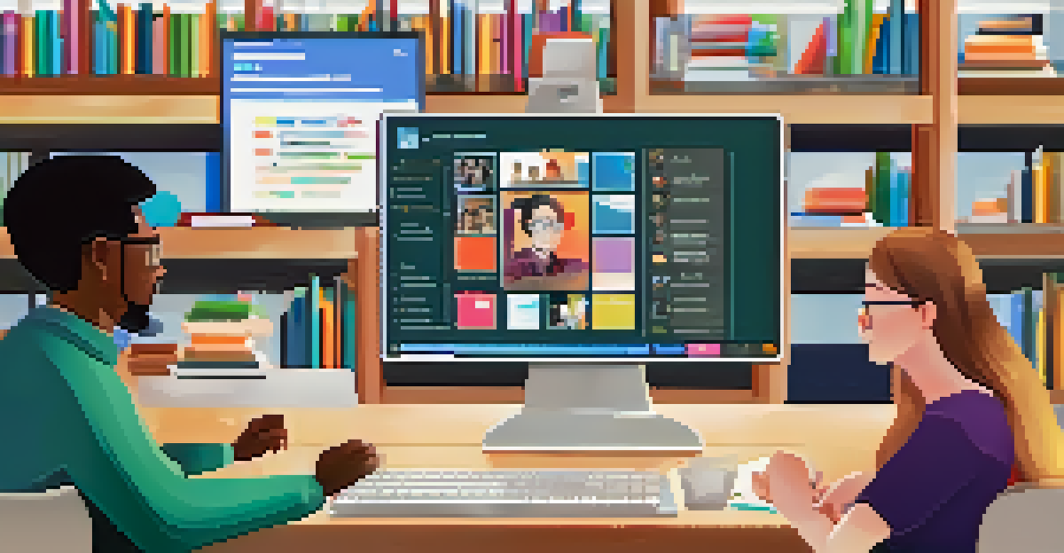 A computer screen showing an online learning session with diverse participants and a colorful presentation.