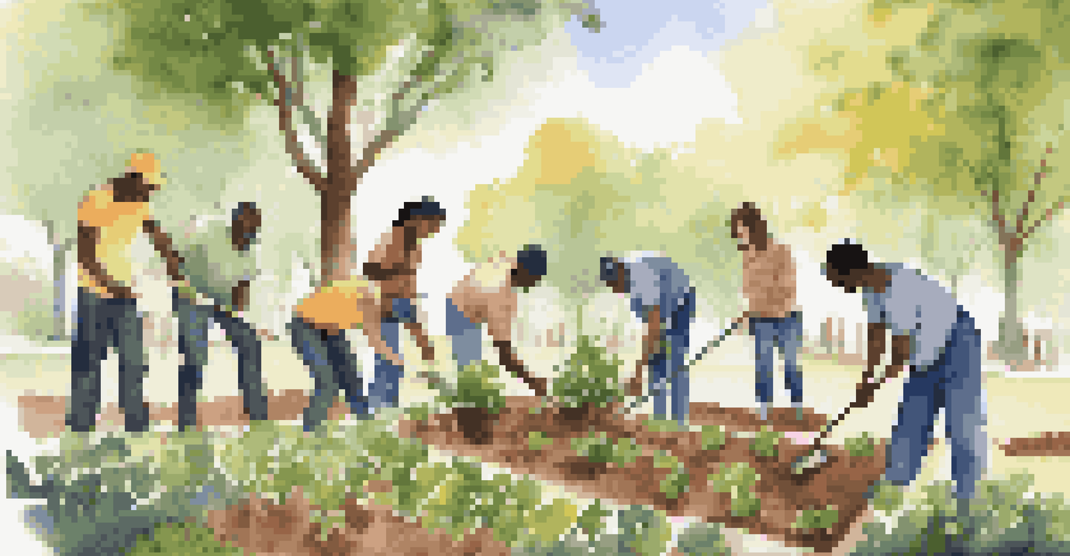 A diverse group of people planting trees together in a park, promoting environmental awareness and community engagement.