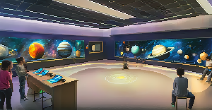A classroom where students are immersed in virtual reality, exploring a 3D model of the solar system with colorful displays and smiling faces.