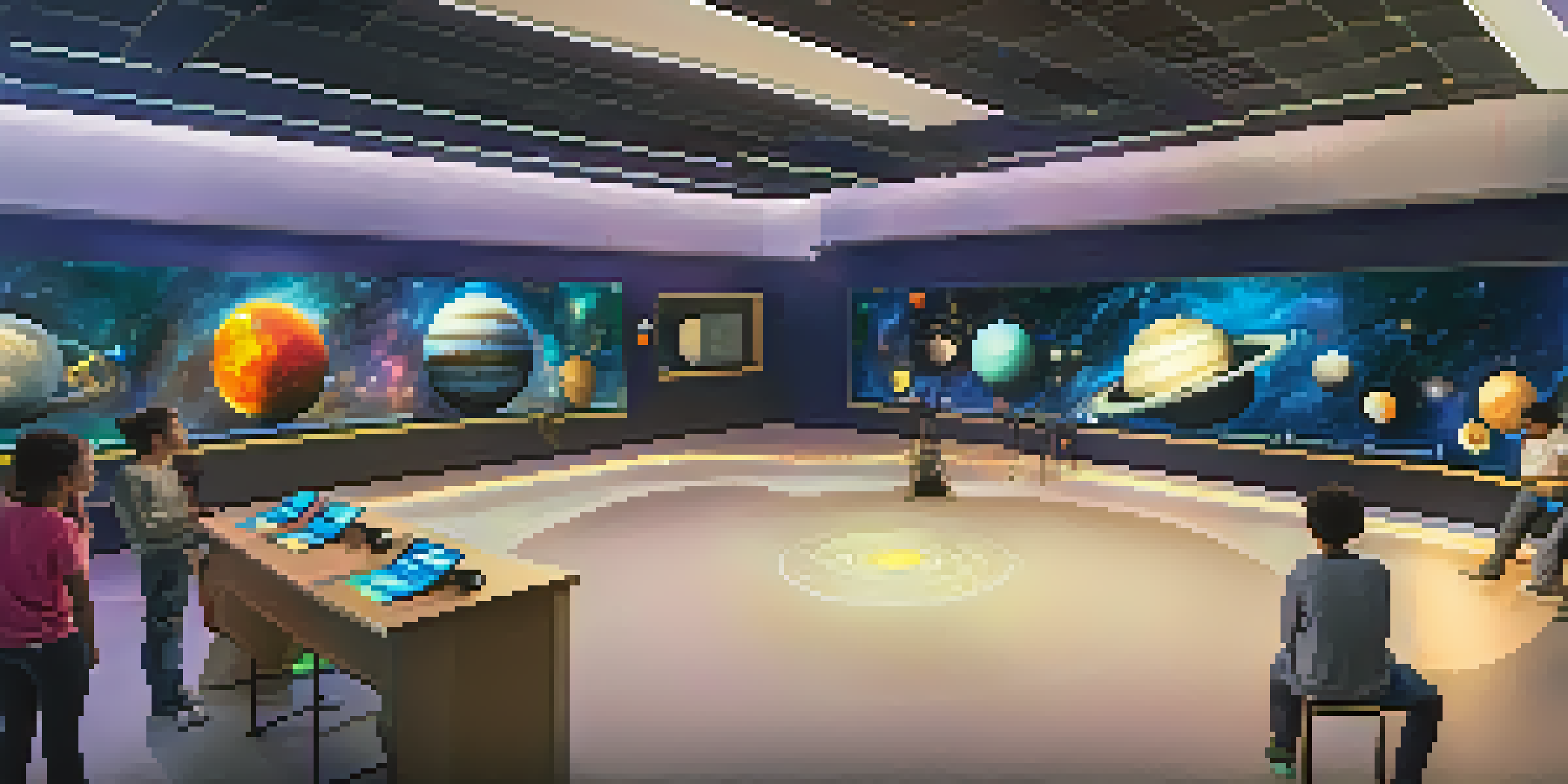 A classroom where students are immersed in virtual reality, exploring a 3D model of the solar system with colorful displays and smiling faces.