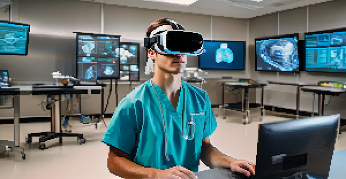 A medical student using a VR headset in a classroom, engaged in a surgical simulation with digital tools and a patient model.