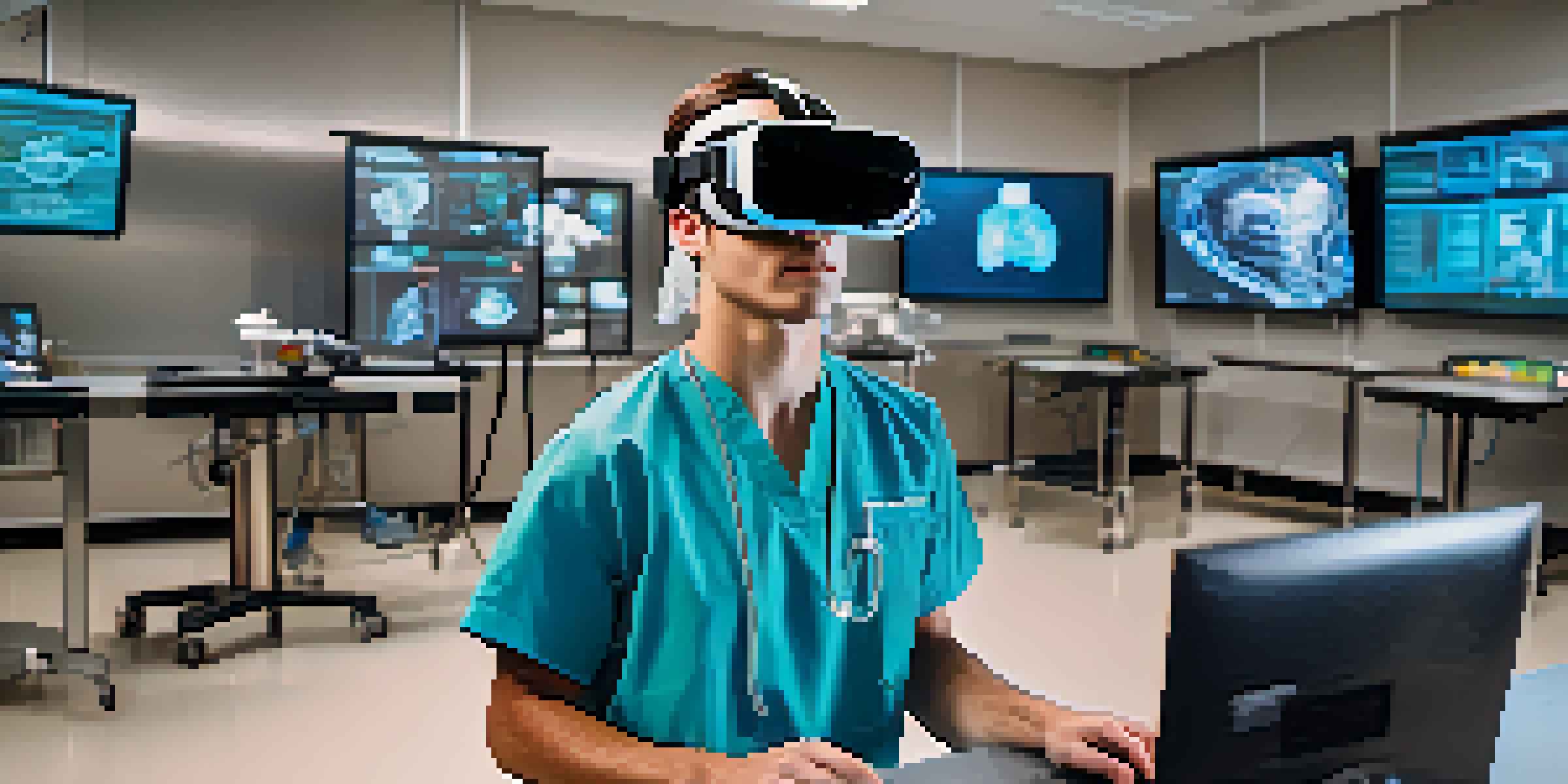 A medical student using a VR headset in a classroom, engaged in a surgical simulation with digital tools and a patient model.